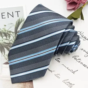 Classic mens striped business necktie in grey with blue and white stripes for formal wear.