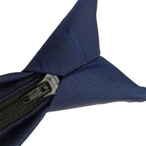 Men's business zipper necktie in dark blue jacquard fabric, ready-to-wear easy pull design.