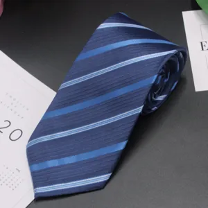 Men's business striped tie, classic blue design, formal wear necktie for office professional.