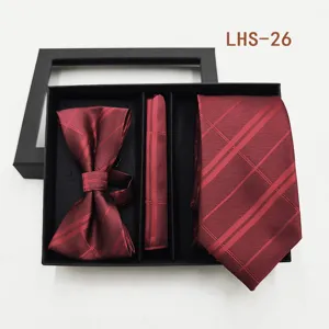 Set corbata pajarita pañuelo burdeos cuadros hombre boda traje formal de negocios