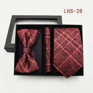 Vista detallada de conjunto de corbata pajarita y panuelo a cuadros rojos y negros
