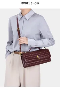 Woven leather shoulder bag with knot lock, elegant burgundy handbag for women stylish daily use
