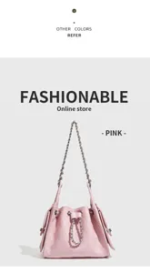 Pink quilted chain bucket bag detail, featuring elegant shoulder strap and textured leather.