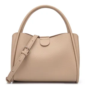 Bolso de mano elegante beige de cuero PU para mujer, bolso cruzado con asa superior.