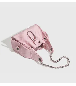 Chic pink quilted leather chain bucket bag for women, stylish underarm shoulder bag.