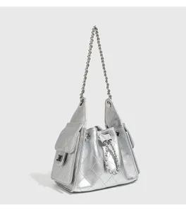Silver quilted chain bucket bag women underarm shoulder bag stylish commuting handbag