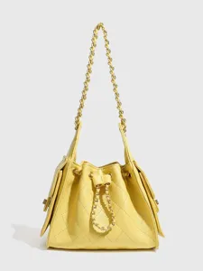 Women's Quilted Chain Bucket Bag Luxury Designer Style PU Leather Shoulder Bag Retro Commuter Handbag
