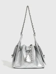 Silver quilted chain bucket bag women's fashion shoulder bag commuter handbag stylish