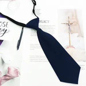 Solid dark blue kids tie short JK uniform school style necktie for daily wear and fashion outfit.
