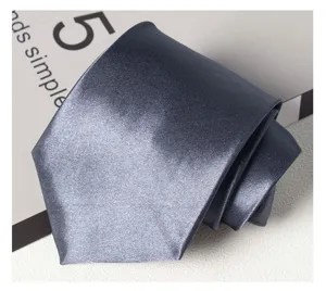Vue rapprochée détaillée d'une cravate pour hommes en soie de polyester unie grise.