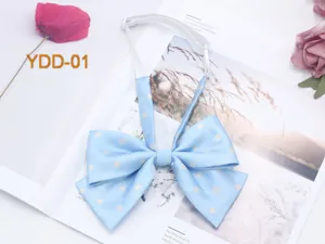 Detail shot of light blue polka dot bow tie with adjustable strap for JK uniform.