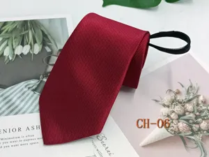 Red striped zipper necktie detail shot, easy-to-wear business casual tie accessory.