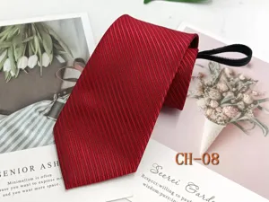 Men's red striped zipper tie, easy-to-wear lazy necktie for business, wedding, and formal wear.