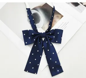 Dark blue polka dot JK bow tie, elegant long-handle collar bow for women and girls daily wear.
