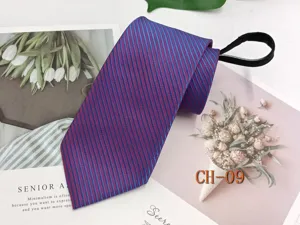 Blue and purple striped zipper tie detail shot, showing textured fabric and convenient mechanism.