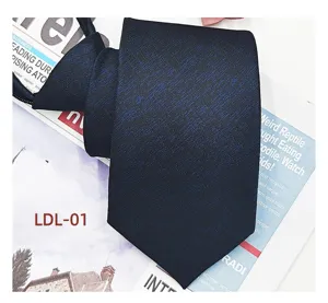 Detailed view of the dark blue textured zipper necktie, lazy design for easy wear.