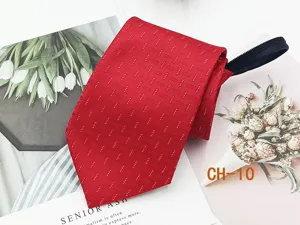 Men's red zipper tie business casual pre-tied necktie with textured stripe pattern detail.