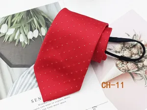 Men's red zipper necktie with white dots, easy-pull ready-to-wear business casual neck tie.