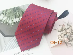 Men's red zipper tie pre-tied easy pull necktie small square pattern business casual 8cm