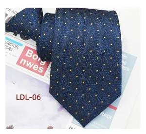 Men's business casual blue necktie with yellow polka dots, classic jacquard polyester tie.