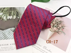 Men's red striped zipper tie, easy pull no-tie design for business casual wedding events.