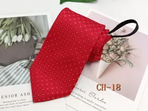 Red zipper tie detail shot, business casual patterned necktie with easy zipper design.