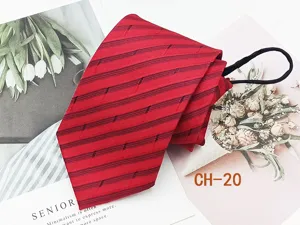 Men Red Striped Zipper Tie Pre-tied Business Casual Necktie 8cm Wedding Groom Party