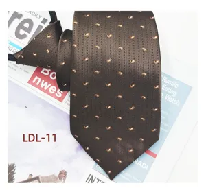 Men's brown zipper necktie featuring a classic miniature paisley jacquard pattern. Perfect for business.