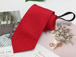 Red zipper tie detail view, elegant business casual necktie prop closeup display.