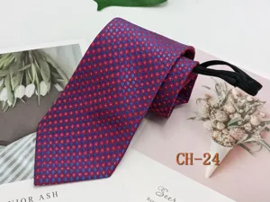 Men's red zipper necktie with blue diamond pattern, easy pull-on design for business casual wear.
