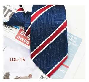 Blue zipper necktie detail shot, classic red white stripe pattern, premium jacquard polyester fabric.