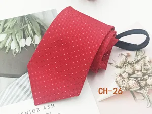 Red zipper tie detail, pre-tied easy pull design with subtle textured pattern on fabric.