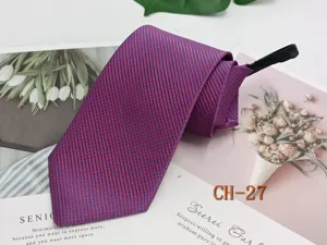 Detail view of men's red and blue striped zipper necktie, pre-tied convenience for business.