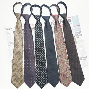 Men's business casual zipper tie, 7.5cm jacquard polyester lazy tie ready to ship.