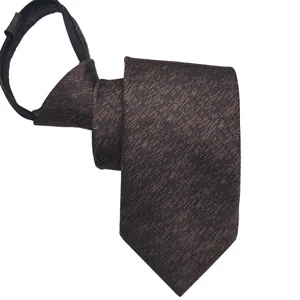 Mens business casual zipper necktie 7.5cm brown jacquard polyester pre-tied tie main view