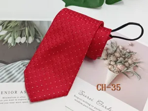Red zipper tie for men, easy wear pre-tied business casual formal wedding necktie product detail view.