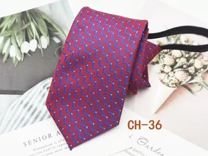 Red zipper tie for men, blue chevron striped design, easy wear business casual necktie.