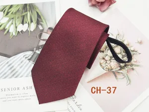 Detailed view of dark red zipper necktie with textured fabric and convenient zipper design.