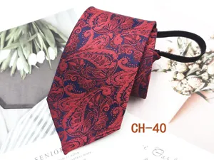 Men's red paisley zipper tie, easy pre-tied necktie for business and formal events.