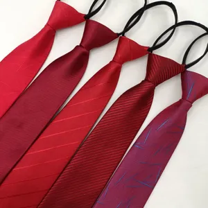Men's Zipper Necktie Polyester Striped Yarn-Dyed Pre-Tied Neck Tie For Business Wedding Party Casual Male