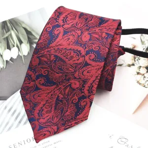 Men's Red Paisley Zipper Tie Pre-tied Groom Business Casual Necktie 8cm Classic