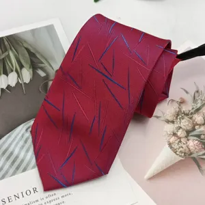 Men's red zipper tie with stylish blue abstract lines, easy pull-on business formal necktie.