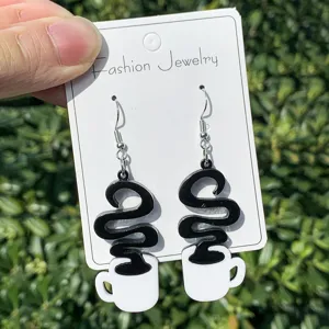 Acrylic black coffee cup dangle earrings creative fashion jewelry detail view display