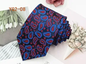 Men business casual necktie detail view, classic paisley jacquard pattern in blue and red silk.