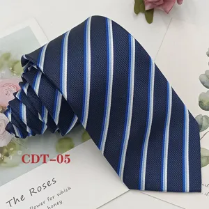 Men business striped necktie detail, blue polyester jacquard fabric texture close up.