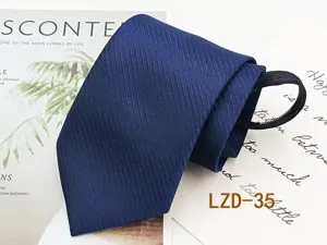 Men's business navy blue striped zipper tie, easy-to-wear pre-tied necktie for formal wear.