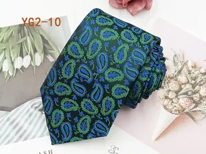 Men's business casual jacquard necktie featuring a classic green and blue paisley pattern.