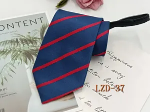 Men's business striped zipper necktie, pre-tied lazy tie with classic blue and red pattern.