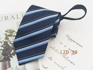 Mens navy blue striped zipper tie formal business necktie easy pull knotless 8cm style
