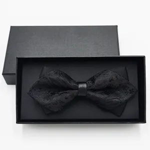 Men's black bow tie with gift box, elegant formal wedding groom necktie accessory for suits.
